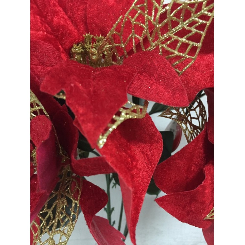 Kit 2 Buquê Natal Bico de Papagaio Vermelho Camurça e Dourado 5 Flores 47cm  - Master Christmas