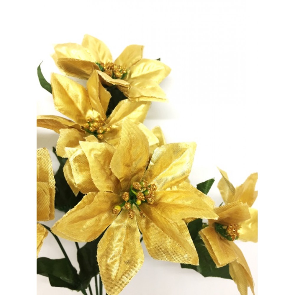 Jogo 3 Buquê Natal Bico de Papagaio Lamê Dourado 7 Flores 32cm - Yangzi