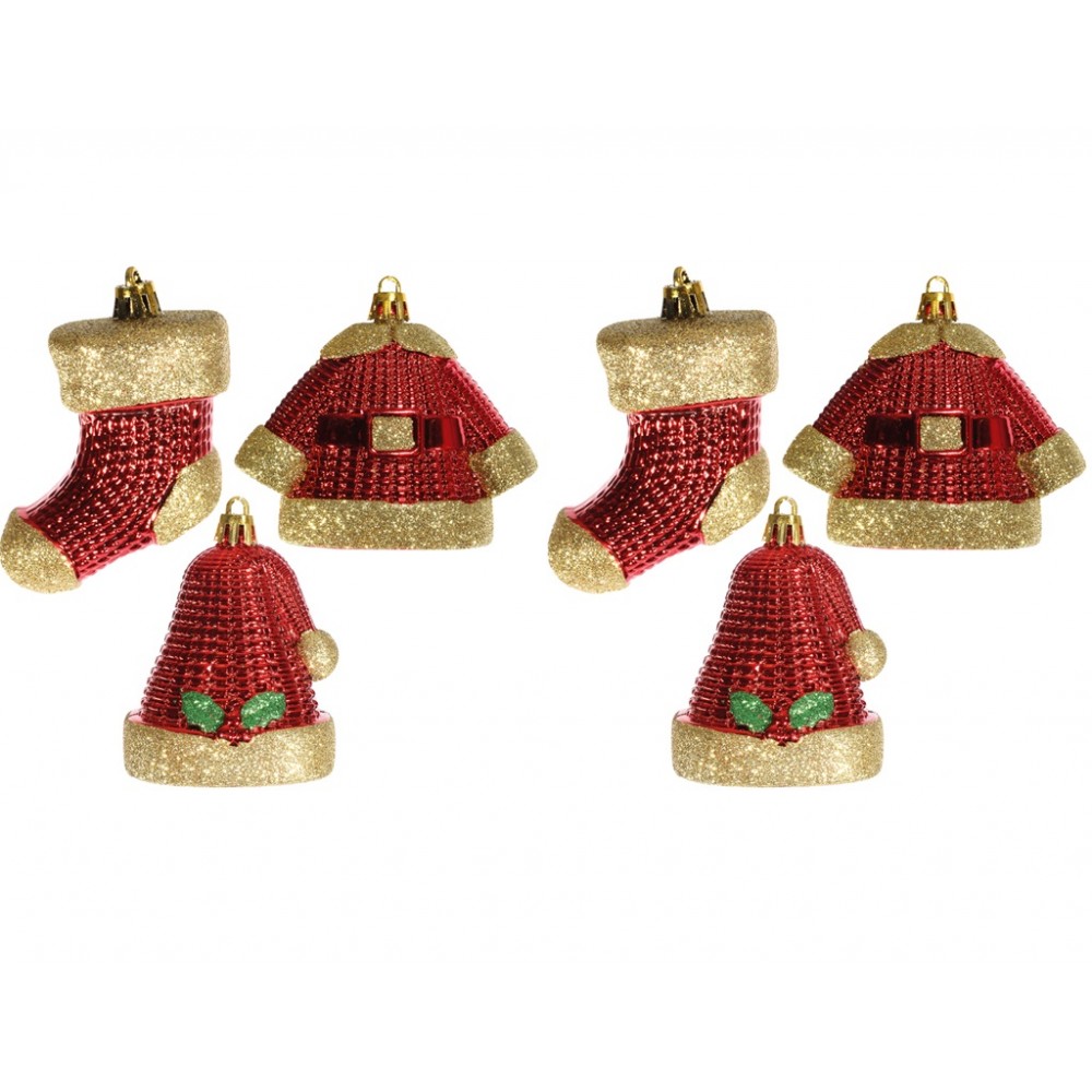 Kit Enfeite Árvore Natal Mini Gorro, Casaco e Bota Noel Vermelho e Dourado  8cm 6 Peças -