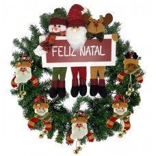 Guirlanda Decorada Feliz Natal Papai Noel Boneco de Neve e Rena Pelúcia Guizo Premium 60cm - Master Christmas