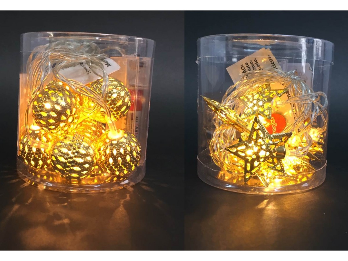 Kit Cordão Luz Natal 20 LEDs Design Metalizado Bola e Estrela Dourado Warm  4,6m - Magizi