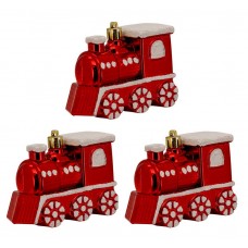 Kit Locomotiva Decorada Natal Plástico Glitter Vermelho 8cm 3 Peças - Magizi