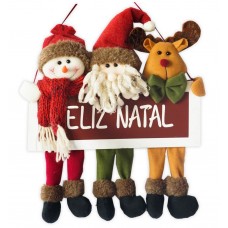 Placa Feliz Natal Madeira Papai Noel, Boneco de Neve e Rena Pelúcia Premium 34cm